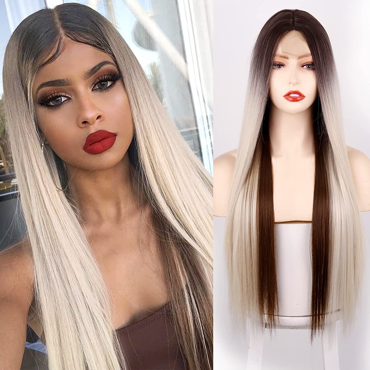 European and American women's wig, long straight hair, synthetic fiber front lace wig, small lace wig lace wigs details Picture