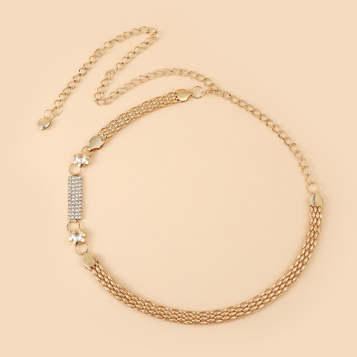 y25, a trendy golden metal rhinestone pearl leaf buckle spring elastic band paired with a thin waist chain belt for pants details Picture