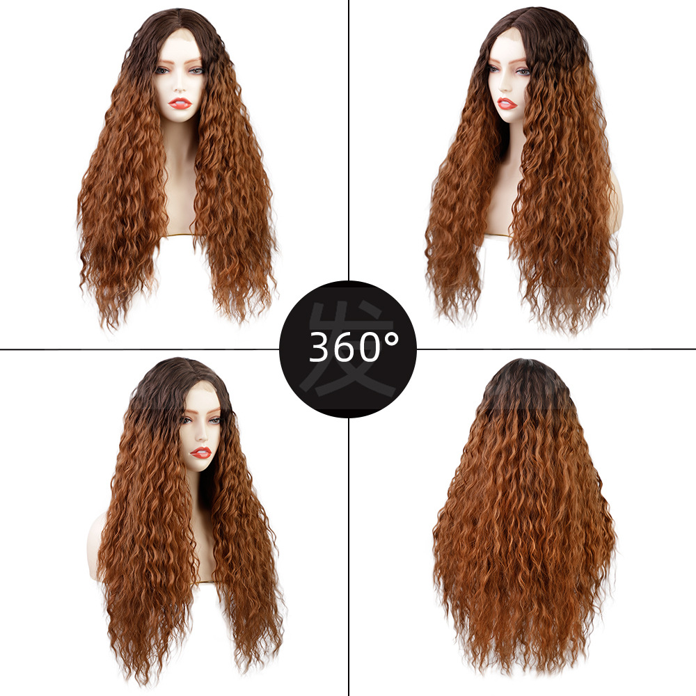 European and American women's wig, African small curly wig, front lace wig, long curly hair, chemical fiber head cover, curly wig details Picture