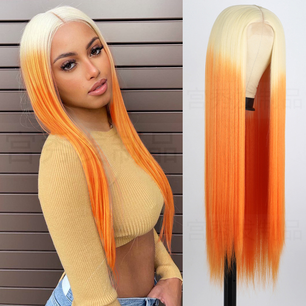European and American long straight hair lace wig, mid-split front lace synthetic fiber new style headwear lace wigs