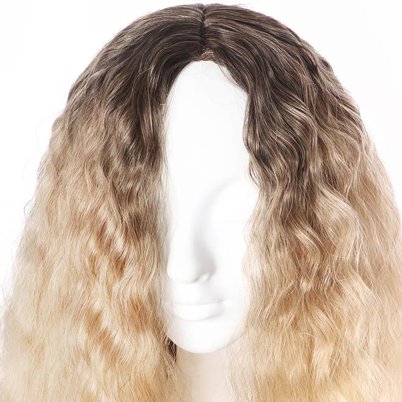 The female wig from the wig factory features a European-style golden-brown water ripple top dyed black, fashionable mid-parted long curly wig details Picture