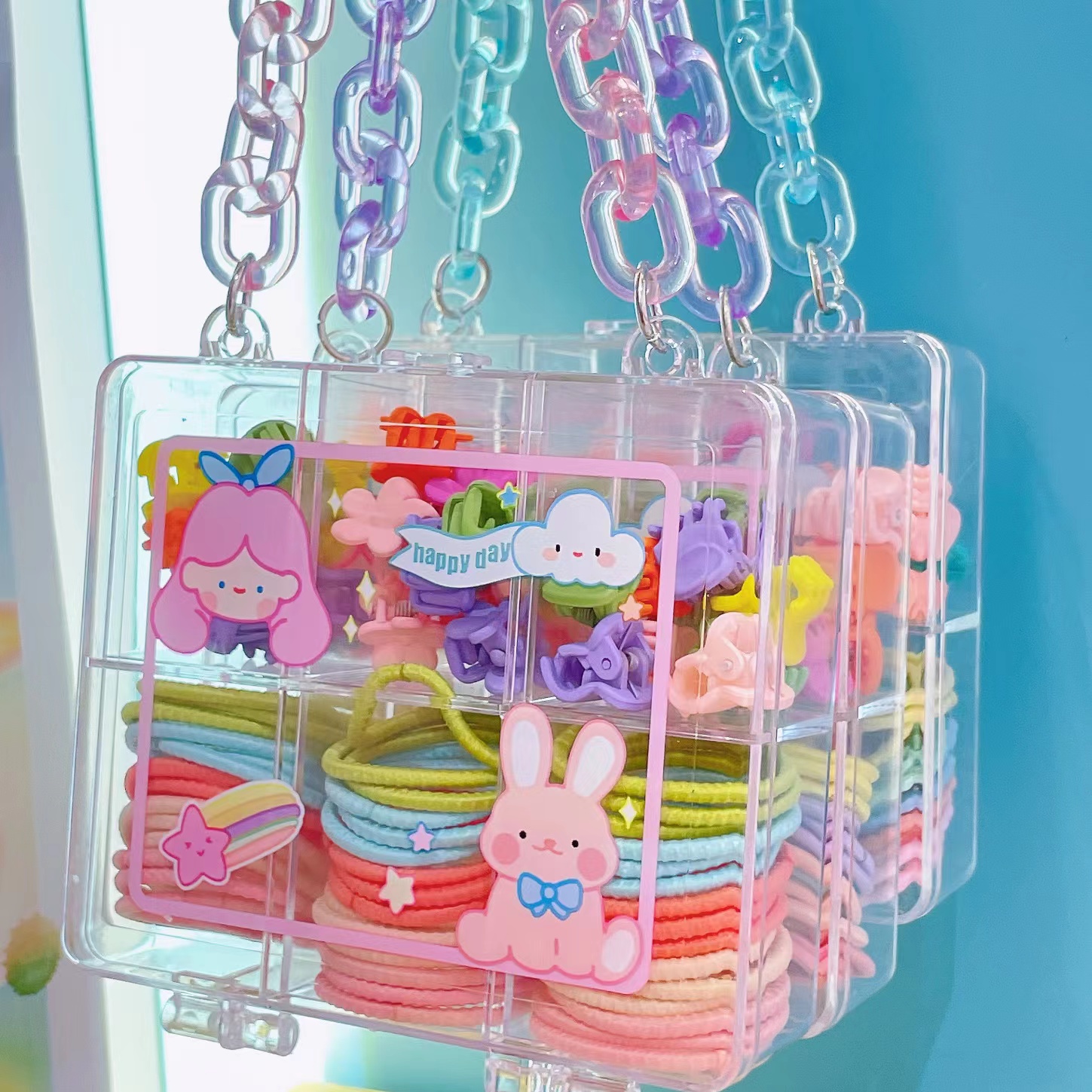 The jelly chain six-compartment box features an exquisite and cute design. It offers a variety of children's headwear combinations, which are simple and elegant. It is a must-have gift for princess festivals and can be used as a decorative item Specification image