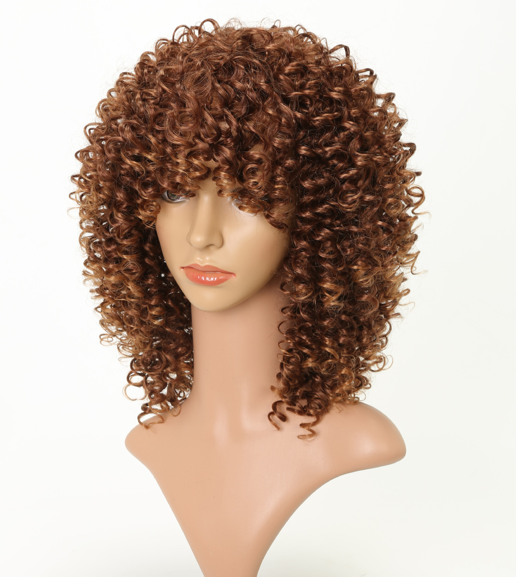 European and American wigs, black headwear, Amazon bestseller, small roll, medium length, T-color, brown high-temperature silk chemical fiber headwear details Picture