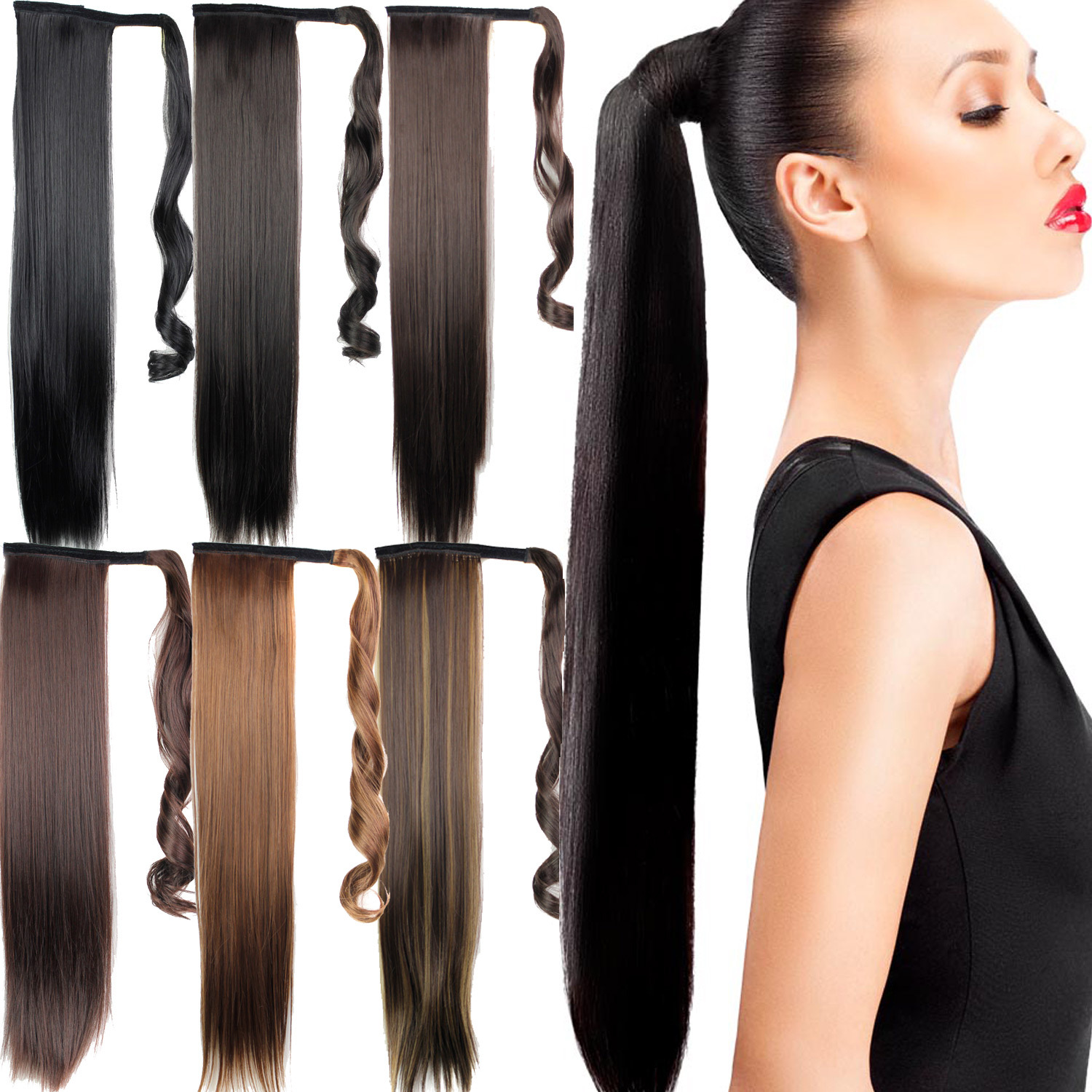 Synthetic fiber hair extension wigs, European and American long hair straight wigs, women's Velcro synthetic fiber wigs, ponytail wigs