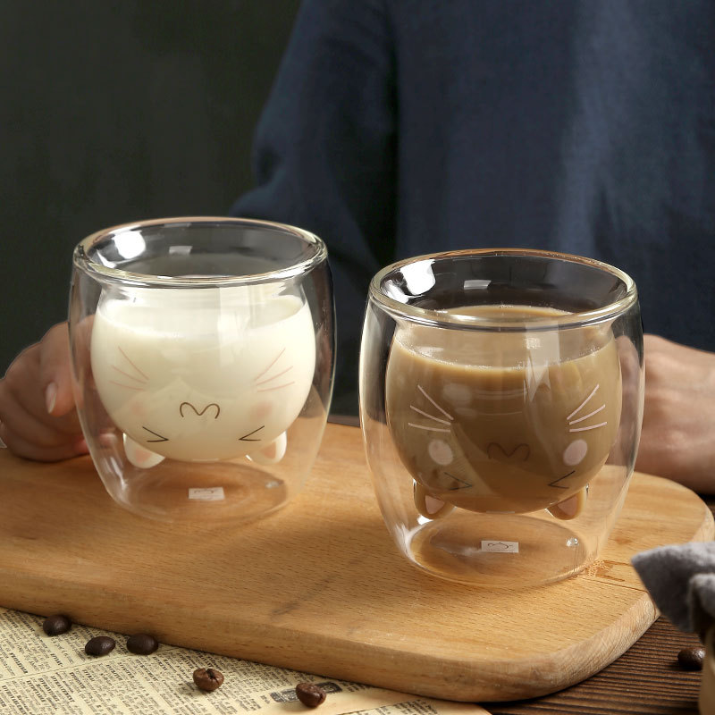 批发可爱水杯高颜值创意牛奶早餐杯卡通杯子双层玻璃杯咖啡