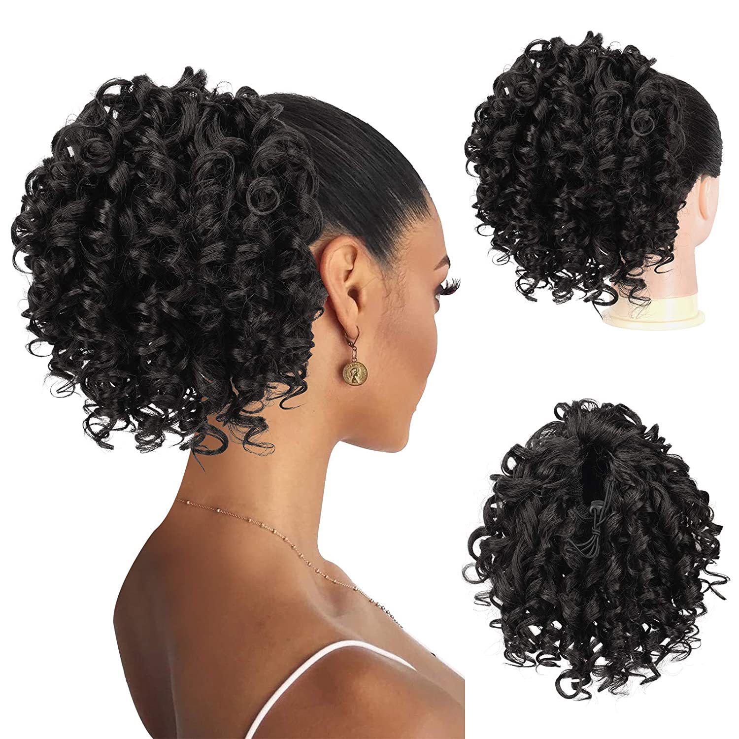 European and American wig pieces, wavy small curls, synthetic fiber wigs, women's elastic net ponytail details Picture