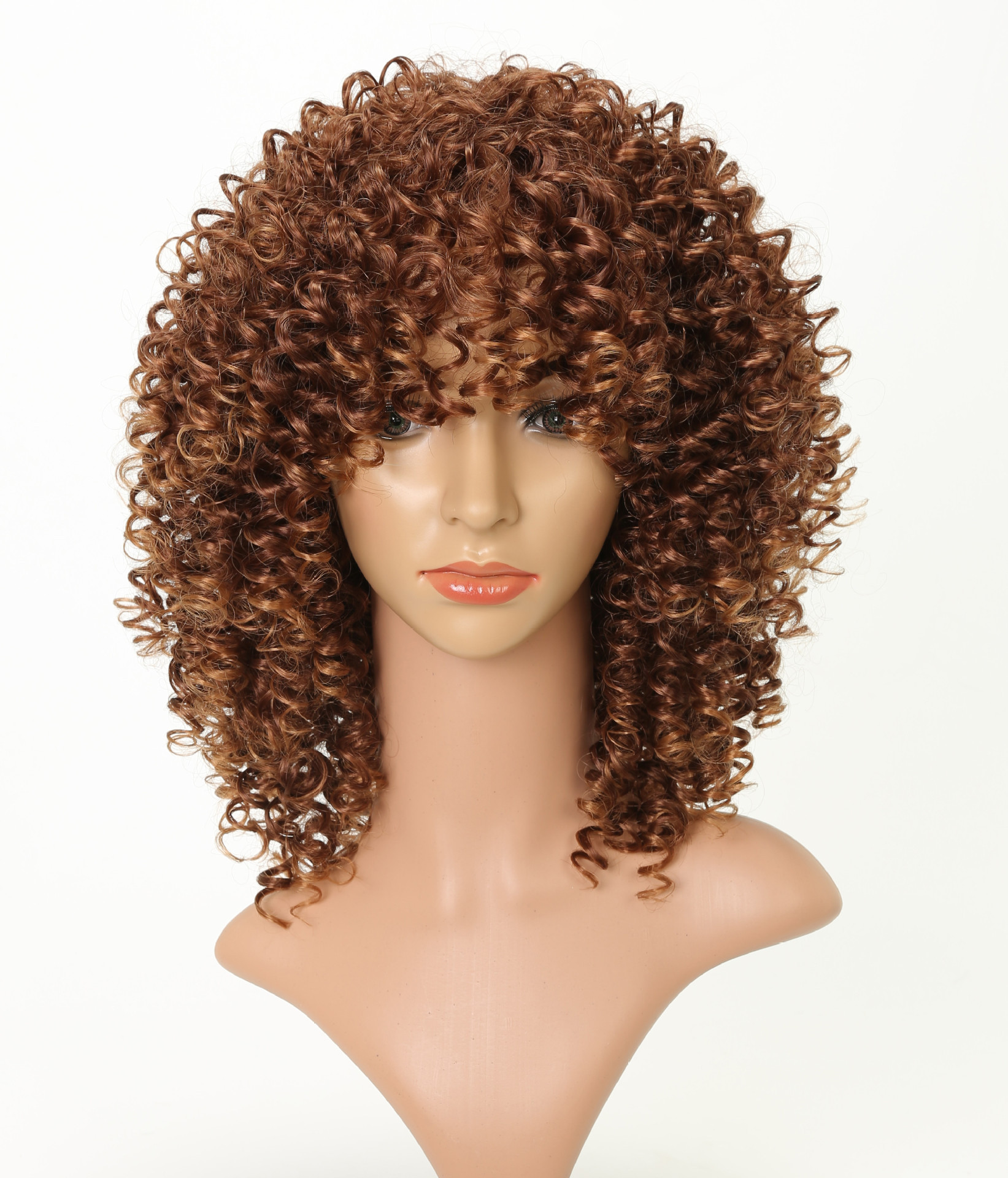 European and American wigs, black headwear, Amazon bestseller, small roll, medium length, T-color, brown high-temperature silk chemical fiber headwear