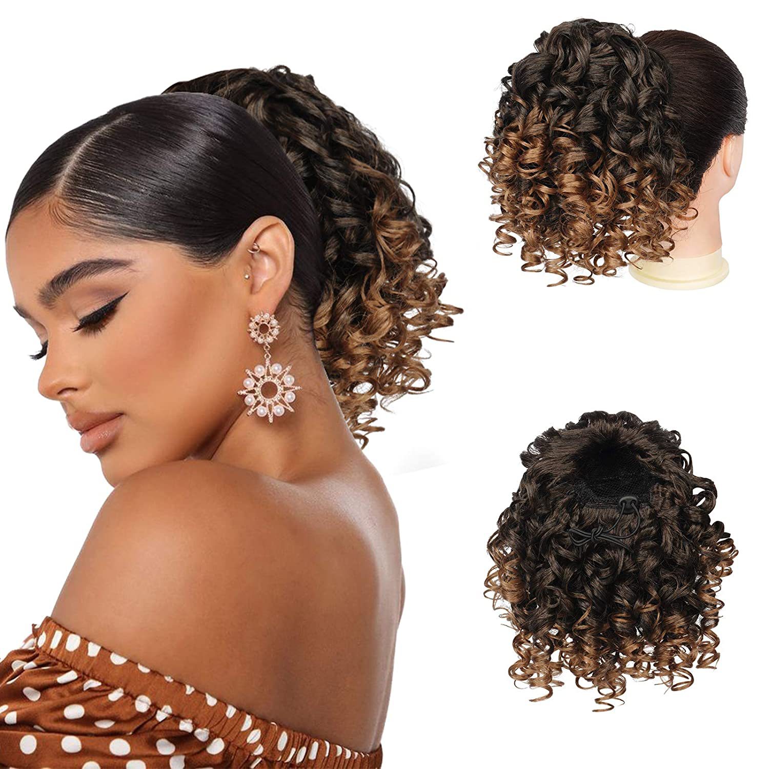 European and American wavy small curls wig pieces, synthetic fiber wigs, women's elastic net ponytail pieces details Picture
