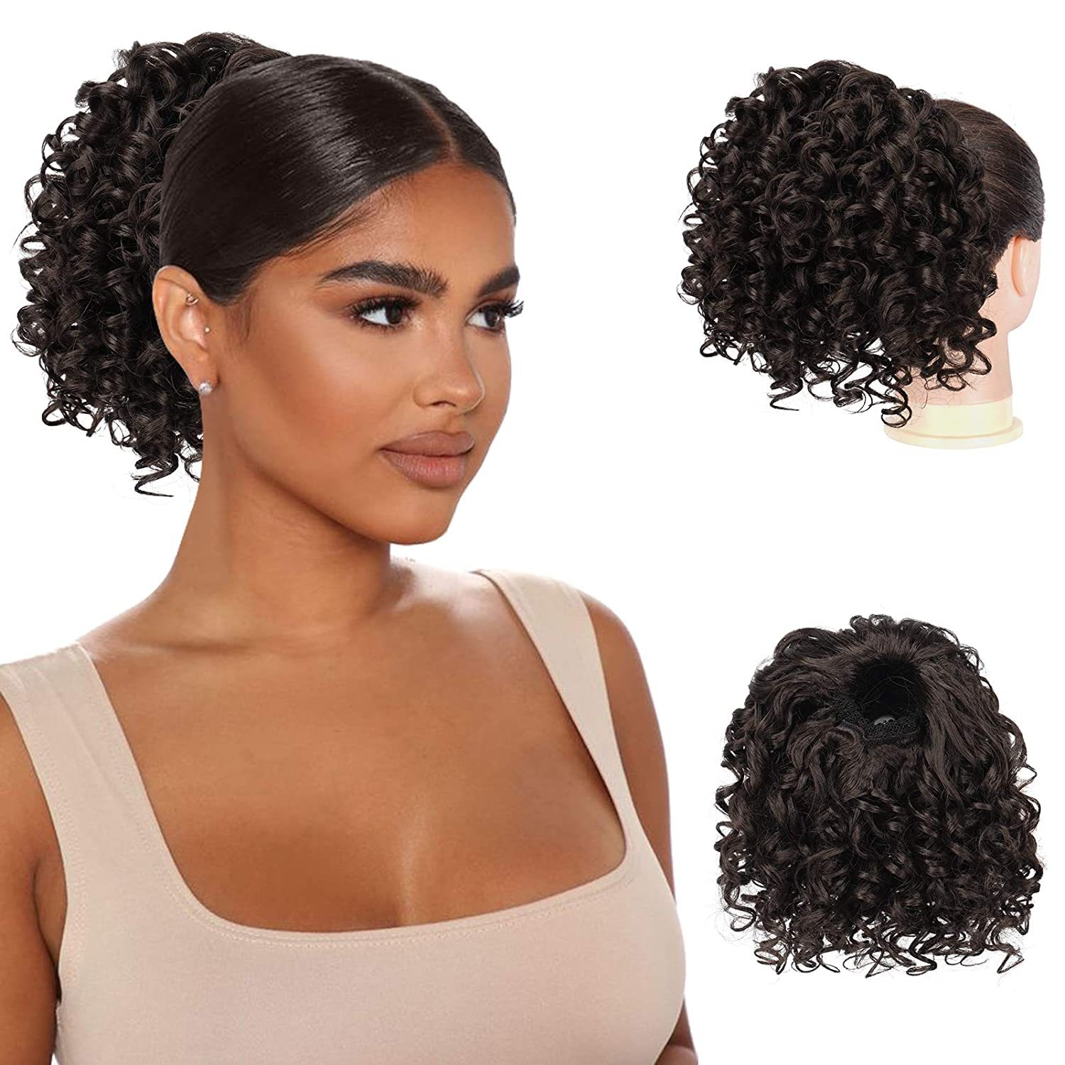 European and American wig pieces, wavy small curls, synthetic fiber wigs, women's elastic net ponytail Specification image