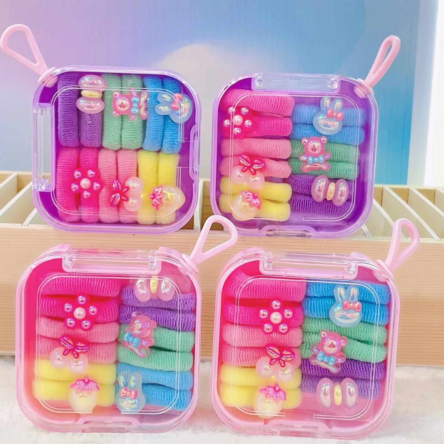 多色小方盒   毛巾圈颜色丰富   粘卡通配件   六色十二只装  经典耐用款