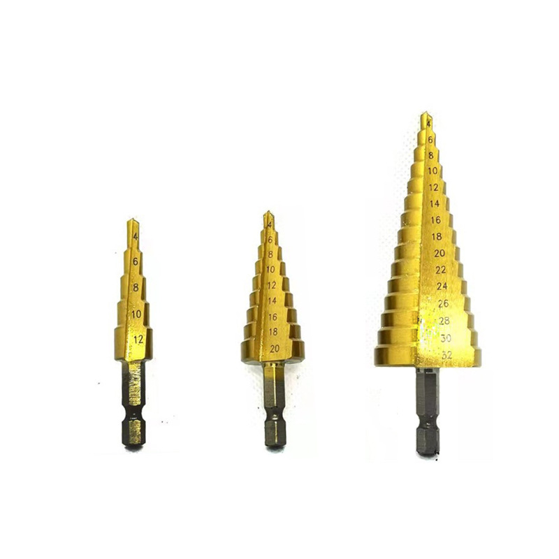 A 3-piece set of hexagonal handle spiral groove titanium-coated 4-12/4-20/4-32 step drill bit set