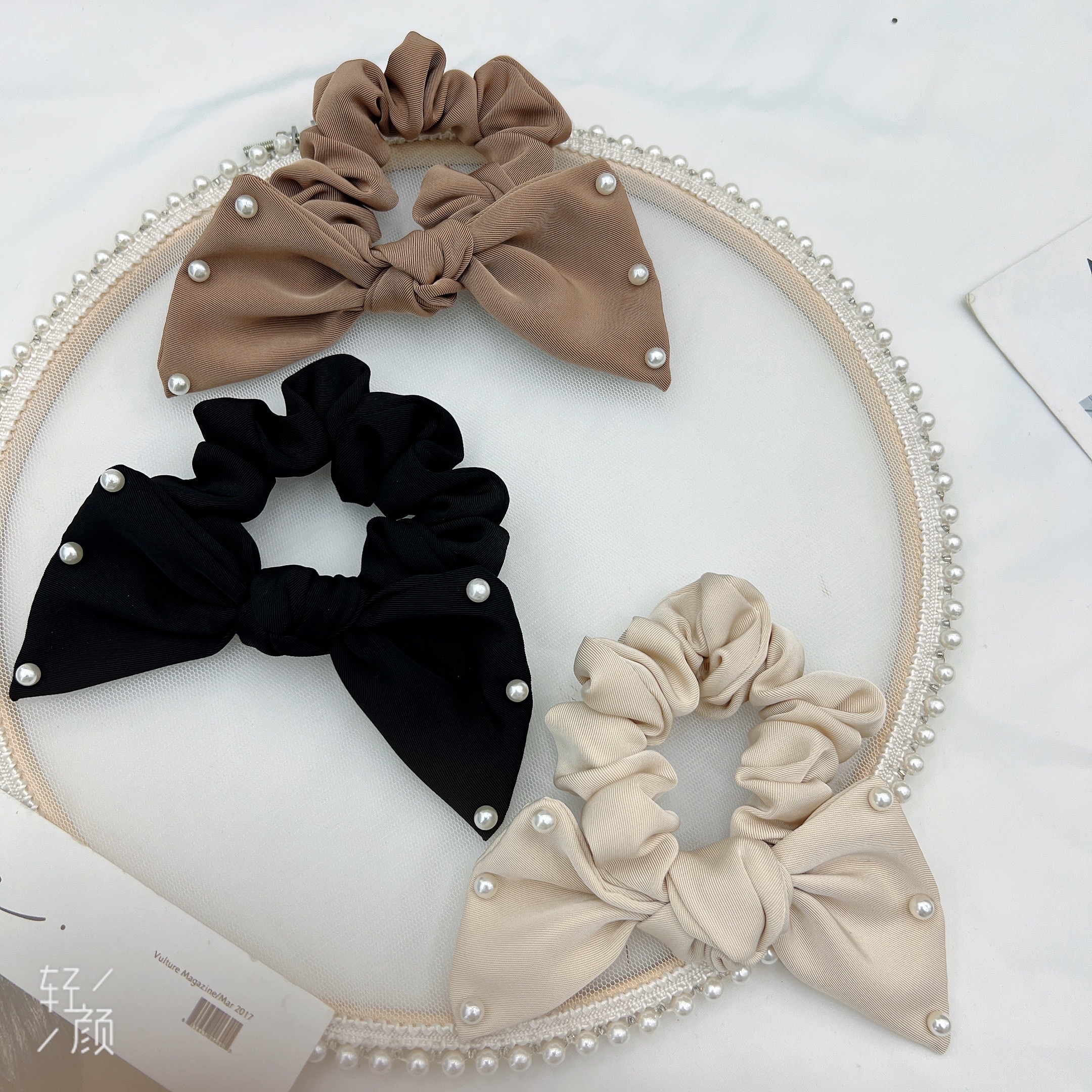 气质复古法式发圈外出百搭蝴蝶结皮筋女头绳皮筋钉珠款