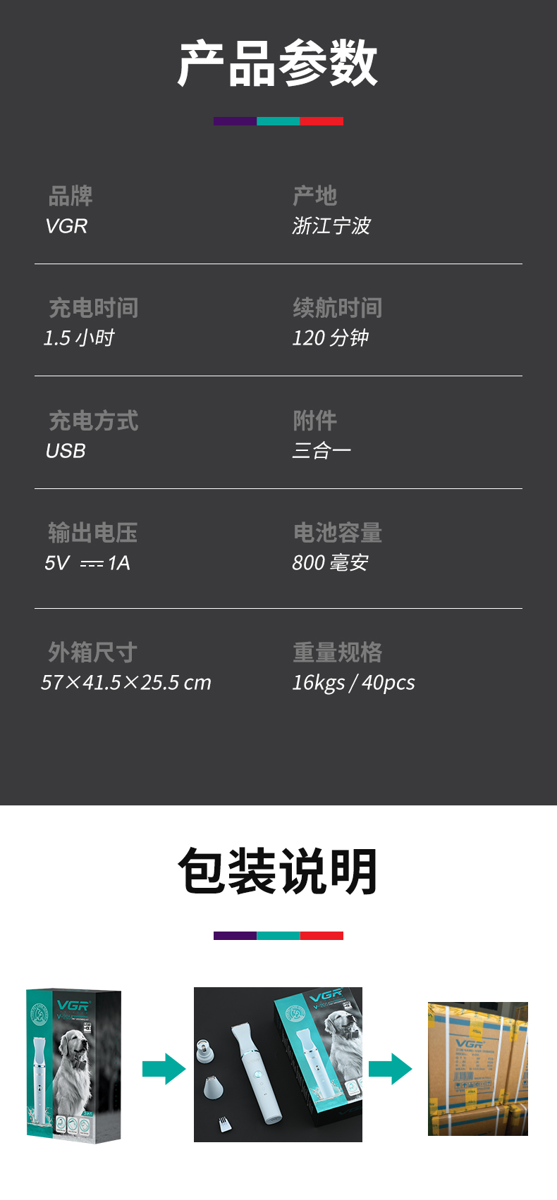 VGR205毛发修剪器多刀头电推子猫狗理发器剃毛器多功能宠物电推剪详情10