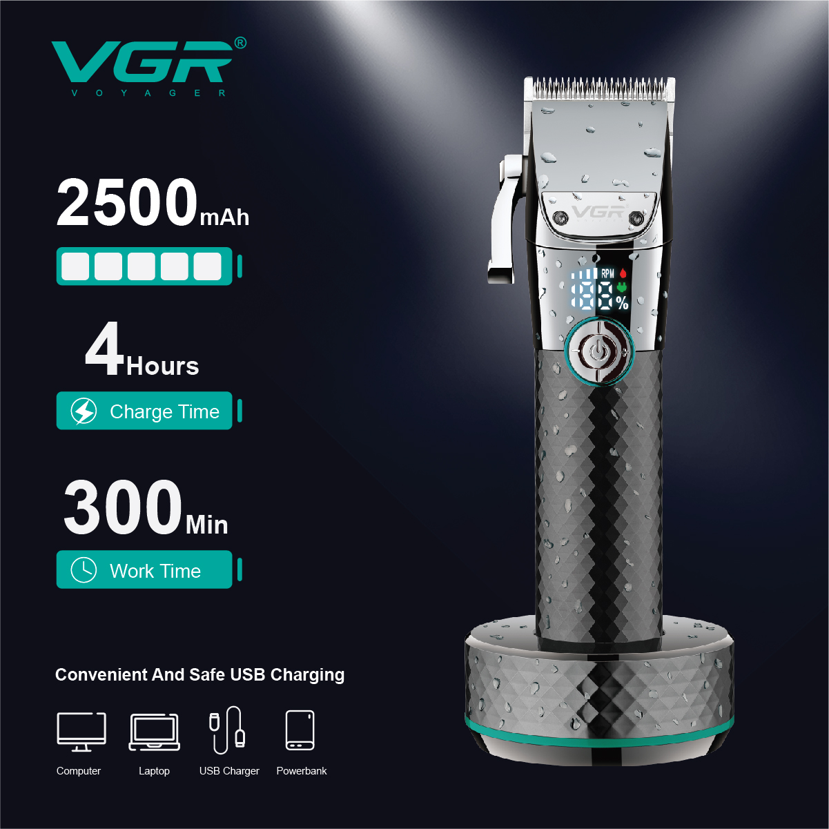 VGR Professional electric clipper, ultra-long battery life, LCD display base, charging, high-power shaving clipper 682 Item Picture