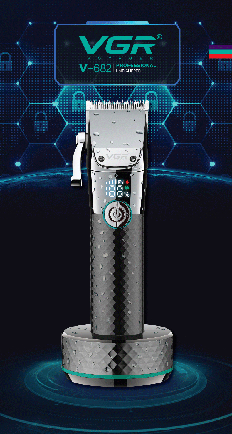 VGR Professional electric clipper, ultra-long battery life, LCD display base, charging, high-power shaving clipper 682 pic 1
