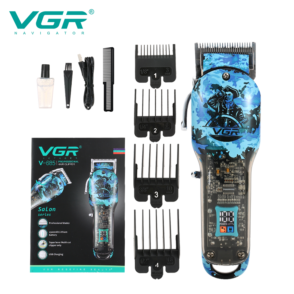 VGR Cross-border New blue graffiti hair clipper with LCD digital display, professional electric clipper, high-power hair clipper V-685 Item Picture