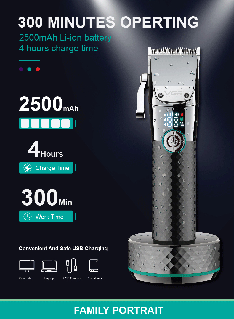 VGR Professional electric clipper, ultra-long battery life, LCD display base, charging, high-power shaving clipper 682 pic 6