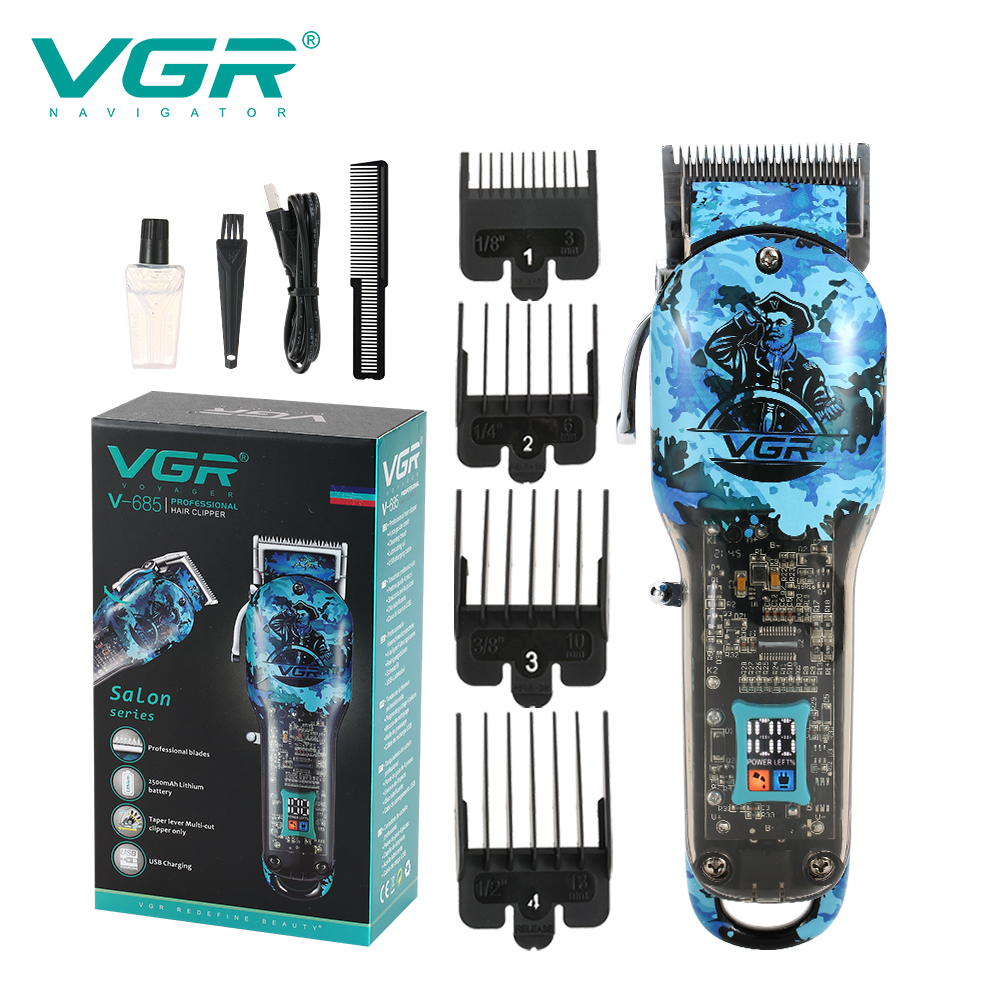 VGR跨境新款蓝色涂鸦理发器液晶数显专业电推剪大功率剃头剪V-685
