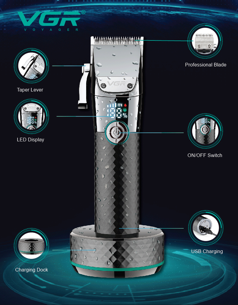 VGR Professional electric clipper, ultra-long battery life, LCD display base, charging, high-power shaving clipper 682 pic 4
