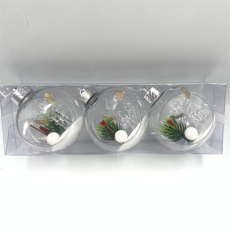 祥洲圣诞 8cm 3pcs圣诞开口 装饰球仿真内景圣诞节橱窗装饰球高透明pet圣诞球