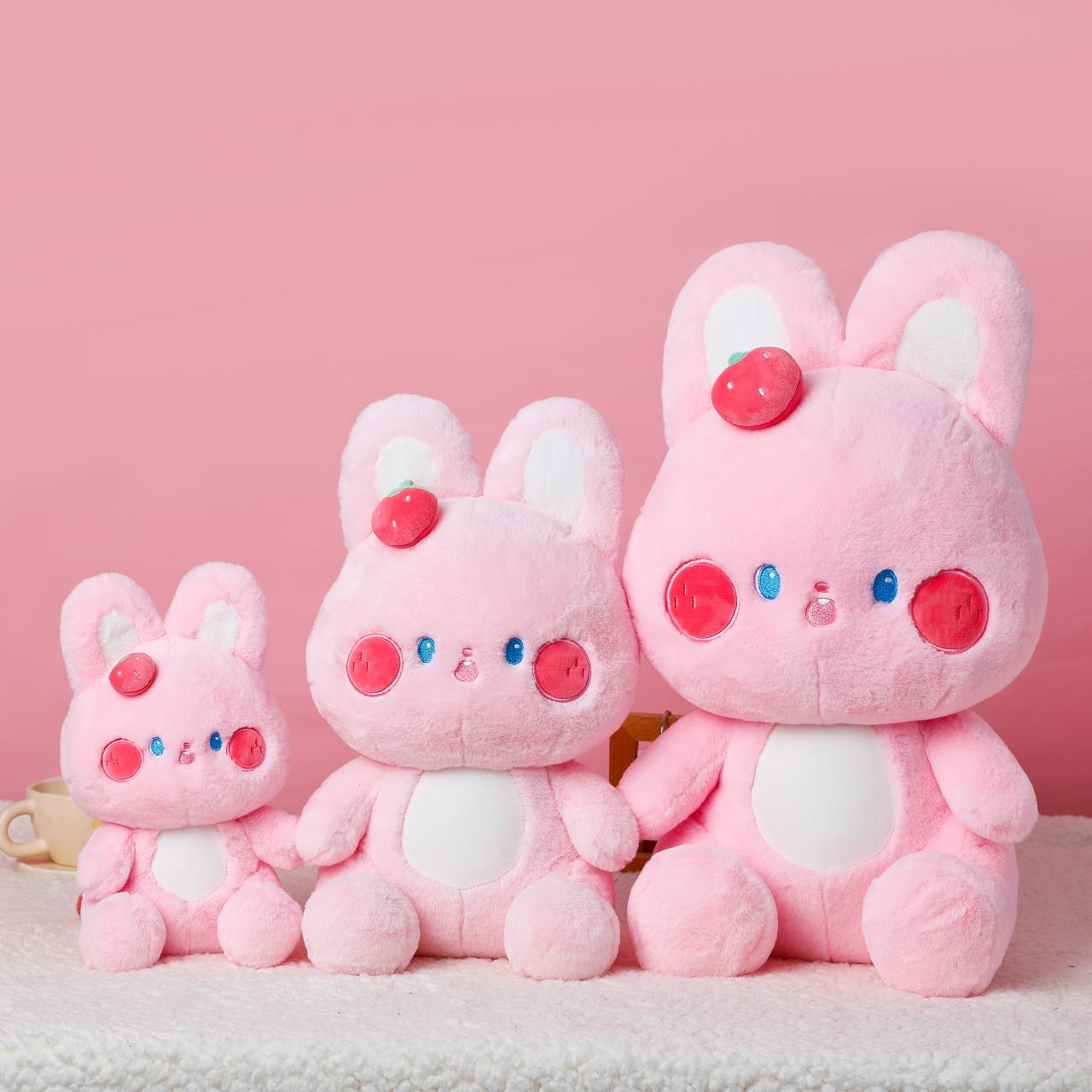 Cute strawberry pink rabbit plush pillow decoration, cute shape, skin-friendly, delicate texture, smooth touch