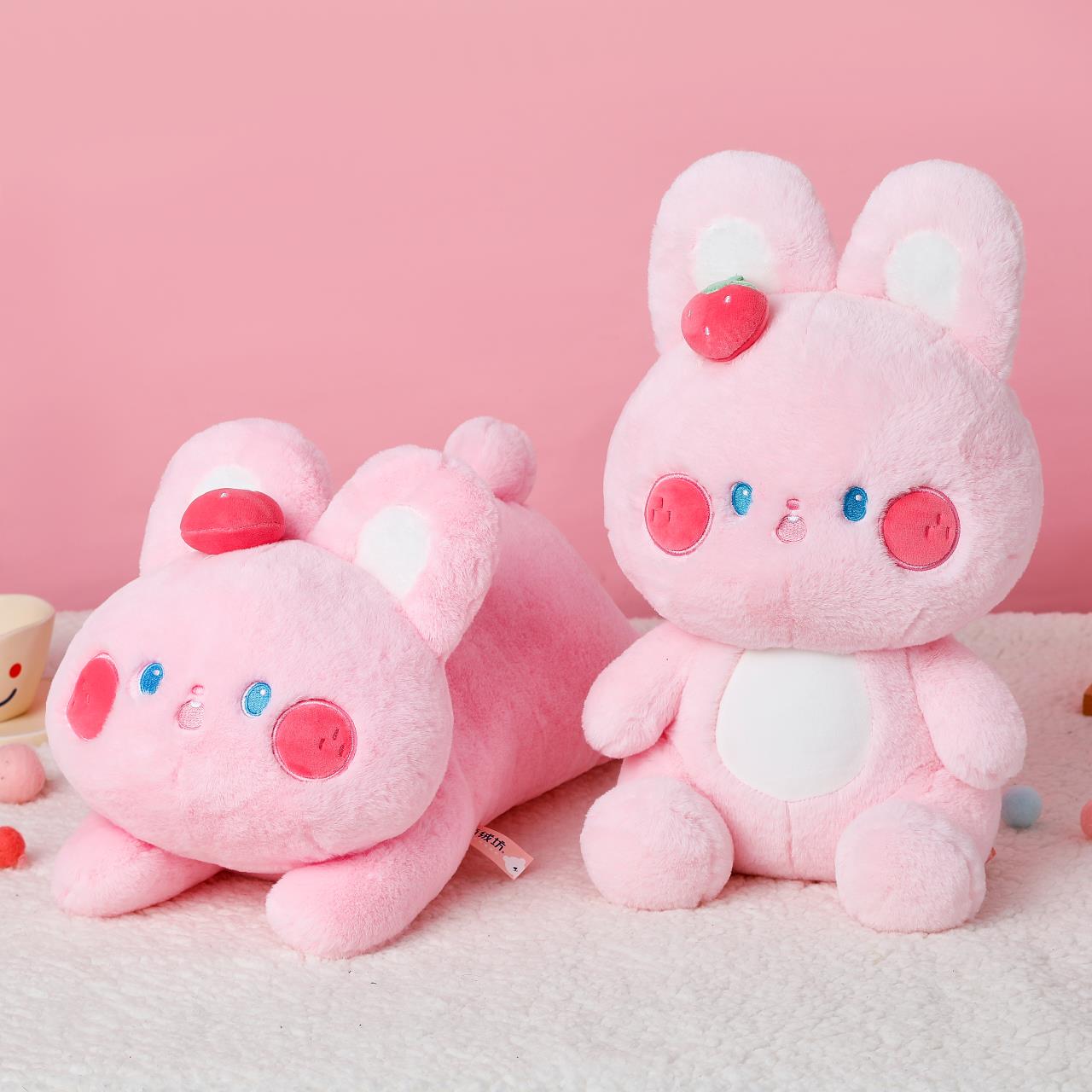 Cute strawberry pink rabbit plush pillow decoration, cute shape, skin-friendly, delicate texture, smooth touch details Picture