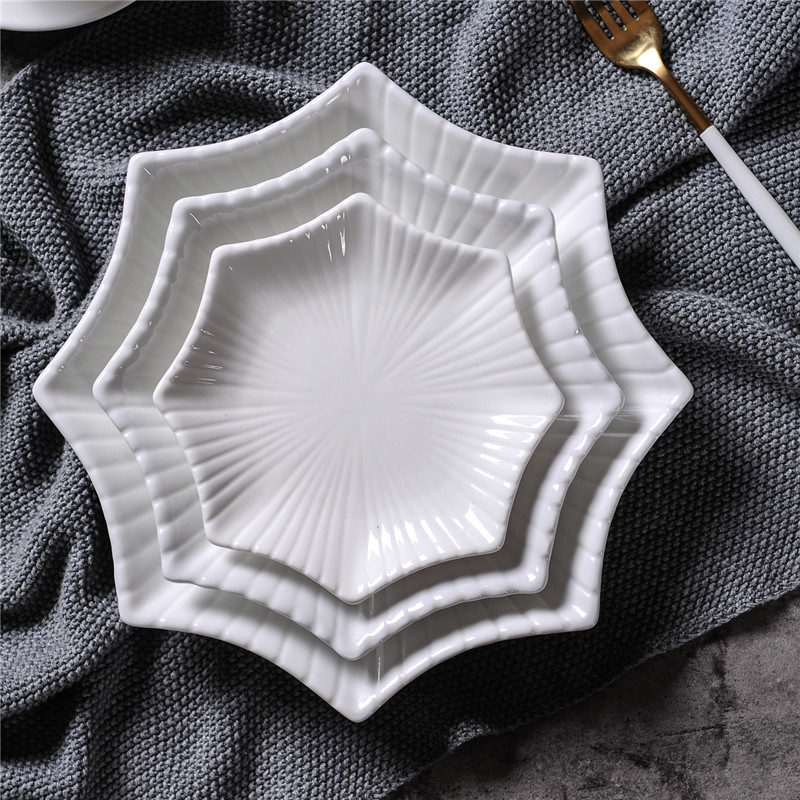 Creative ceramic octagonal starfish plate, Nordic steak plate, hotel tableware, restaurant dish plate, cold dish plate, pure white pastry plate Application Scenario
