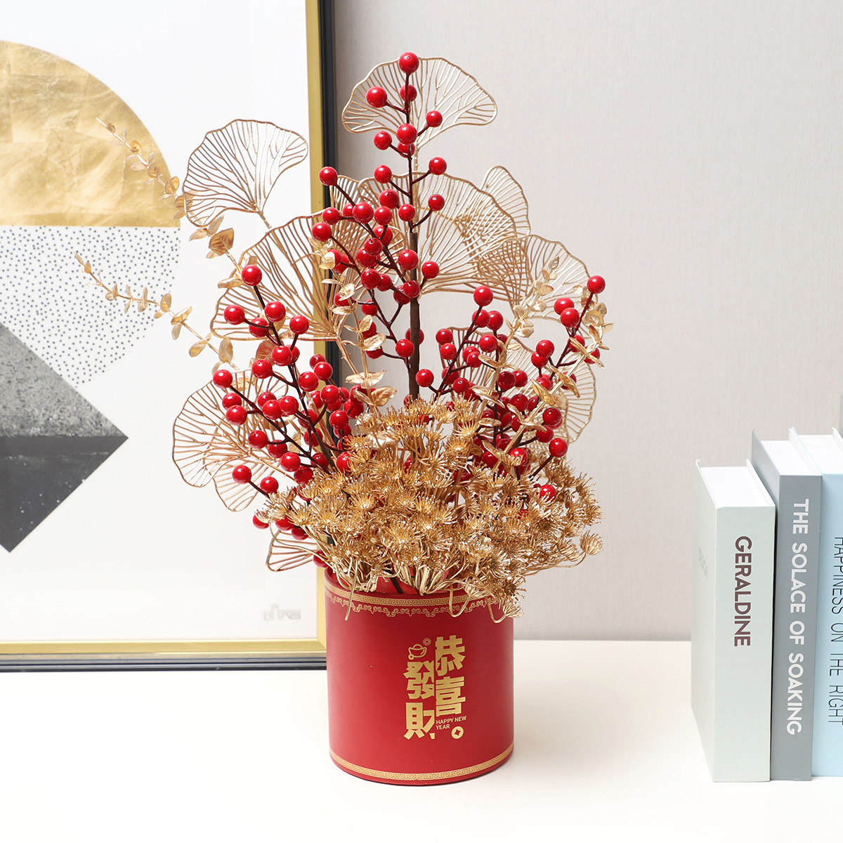 航宾仿真红果 新年装饰 发财果新年福桶摆件圣诞冬青红果假花批发