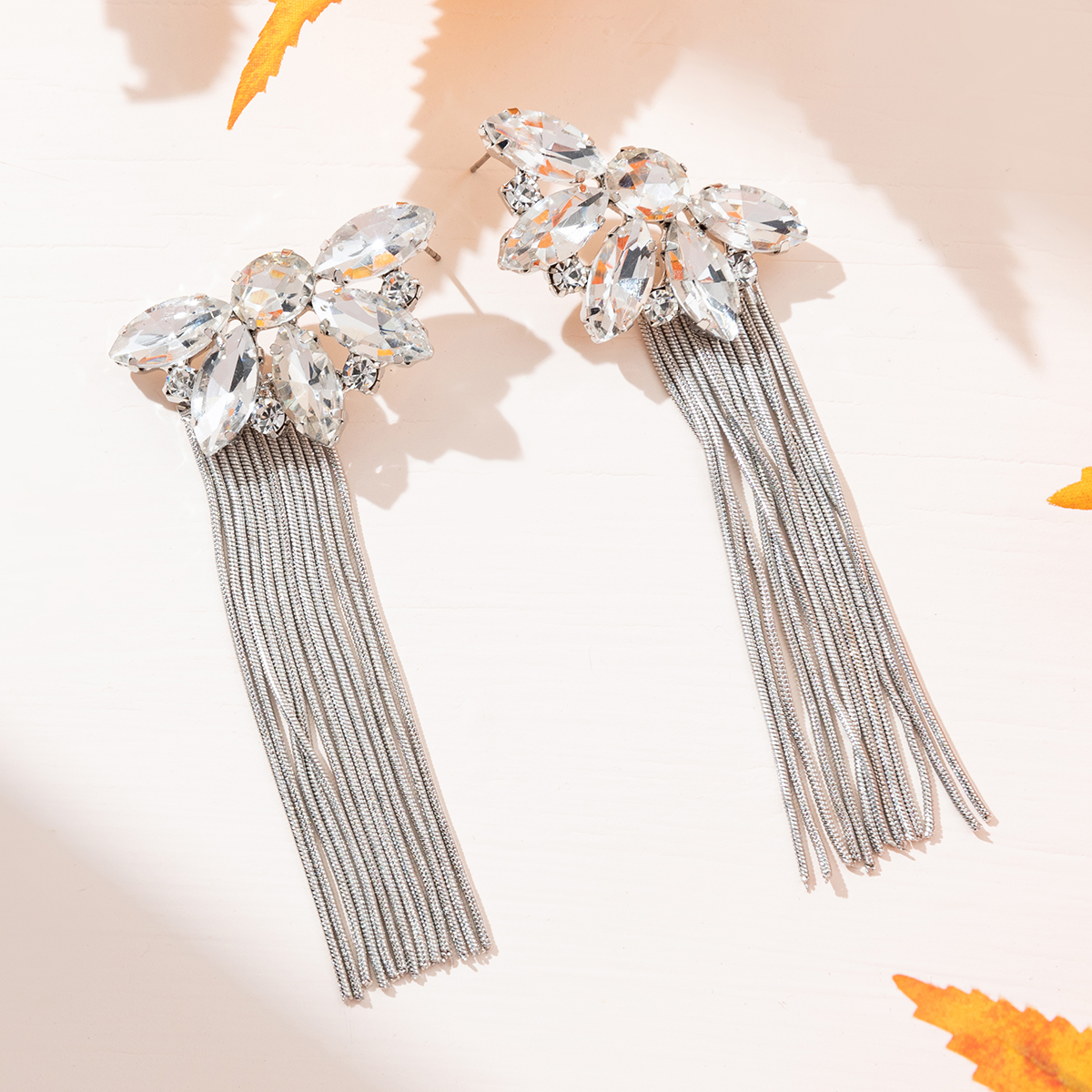 ins风网红合金镶钻花卉长款流苏耳环女欧美夸张超仙耳饰earrings
