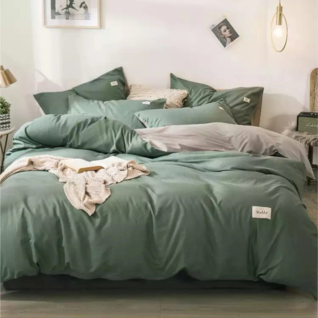 水洗棉四件套 全棉日式纯色简约酒店床上用品纯棉被套床单枕套绿色