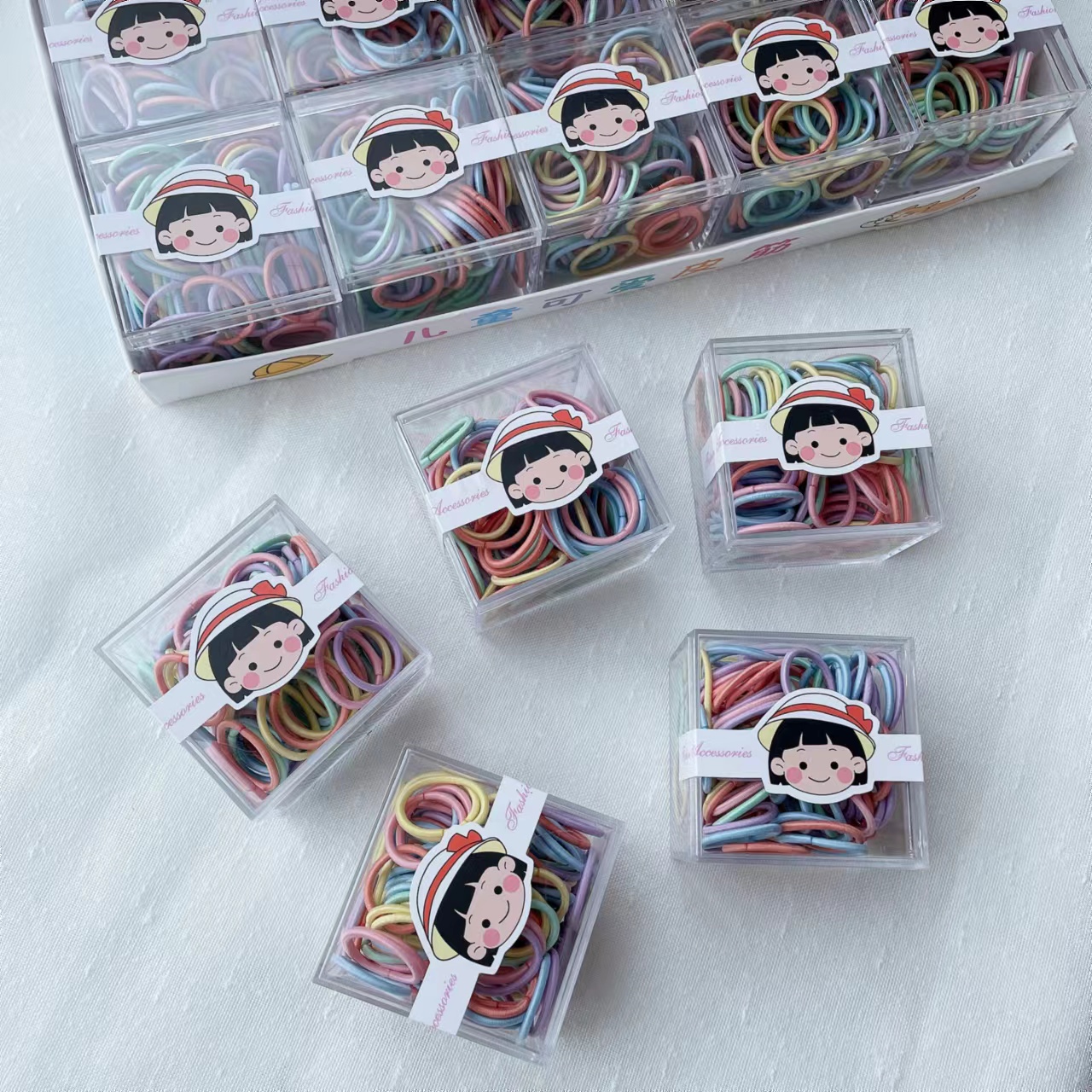 Dingdian No.1 Store's basic high-elasticity children's candy-colored small square box super value hair band rubber band A20977