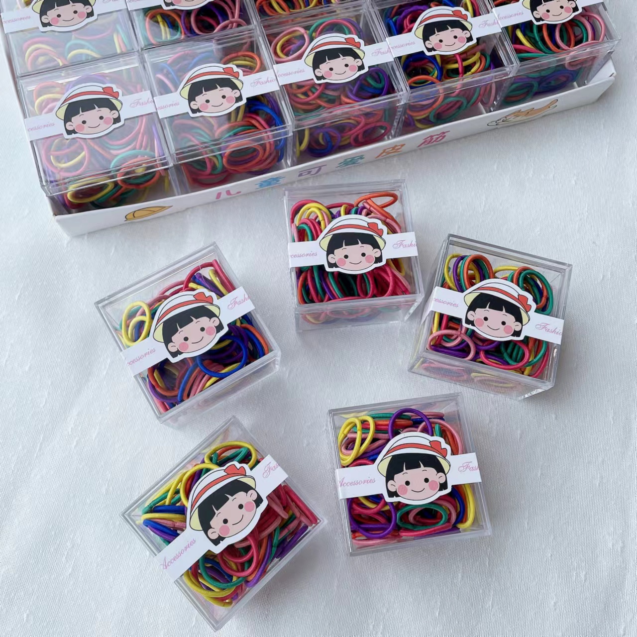 Dingdian No.1 Store's basic high-elasticity children's candy-colored small square box super value hair band rubber band A20977 Item Picture