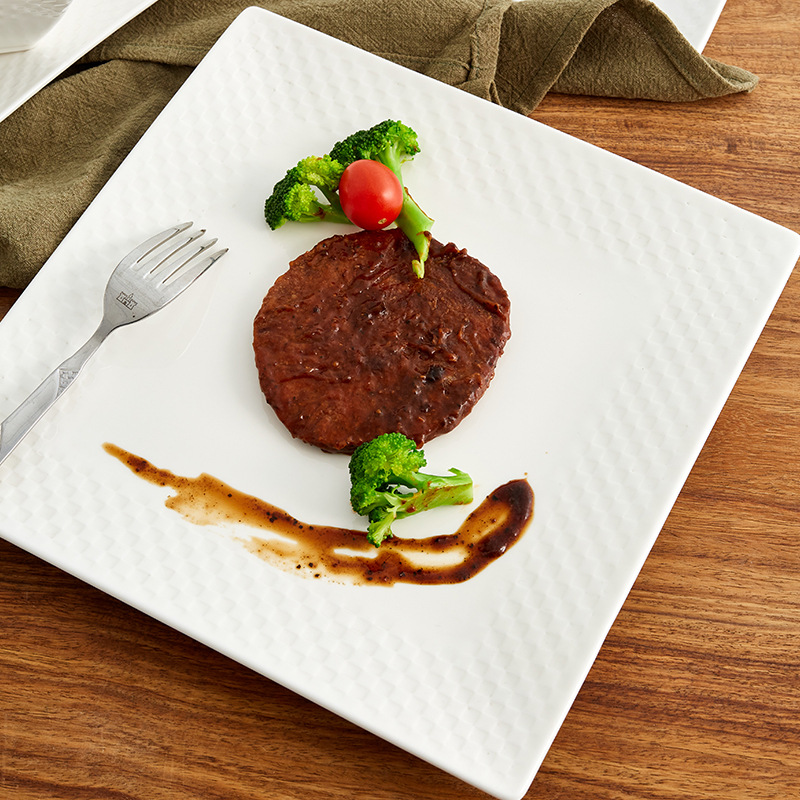 Square Chessboard Plate and Bowl Series Western Cuisine set: Steak plate, 6-inch ceramic salad bowl, rectangular pastry plate and tableware Specification image