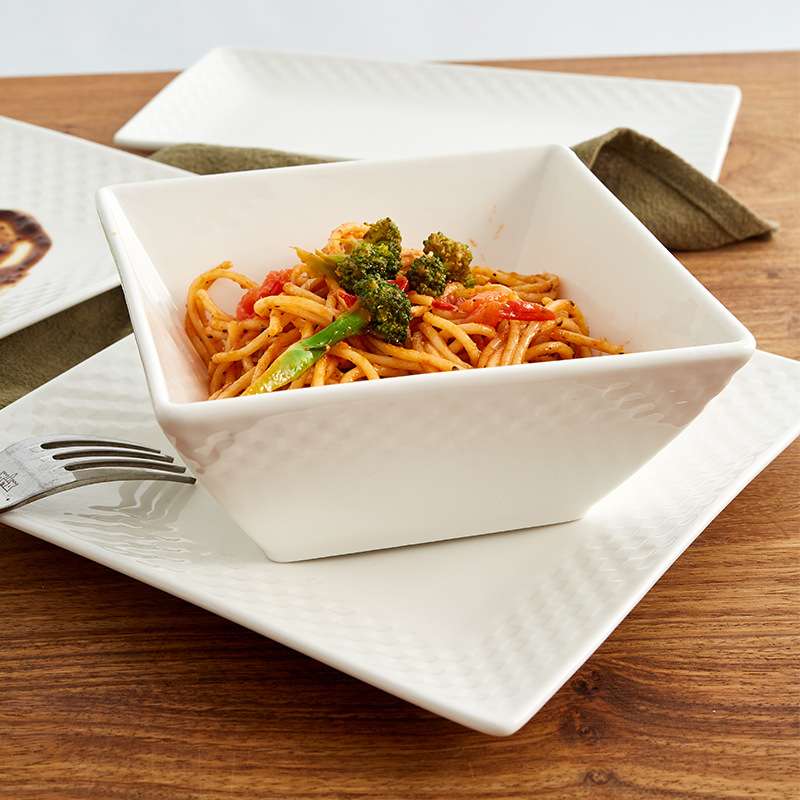 Square Chessboard Plate and Bowl Series Western Cuisine set: Steak plate, 6-inch ceramic salad bowl, rectangular pastry plate and tableware details Picture