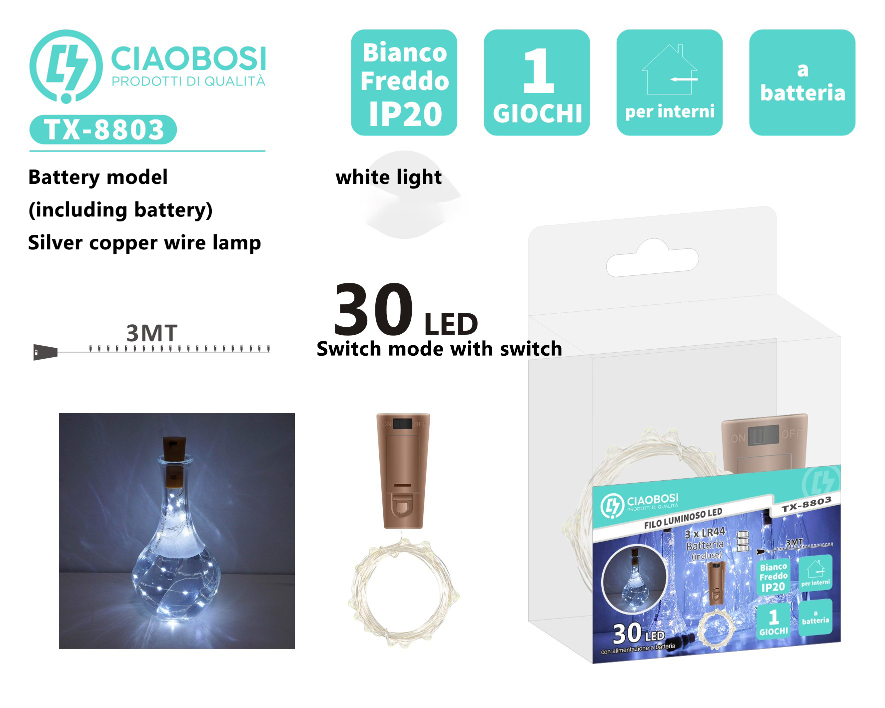 CIAOBOSI乔泊斯30L瓶塞铜丝灯 灯距10CM，(含电池) 银线 白光 CON CONTROLLER GIOCHI