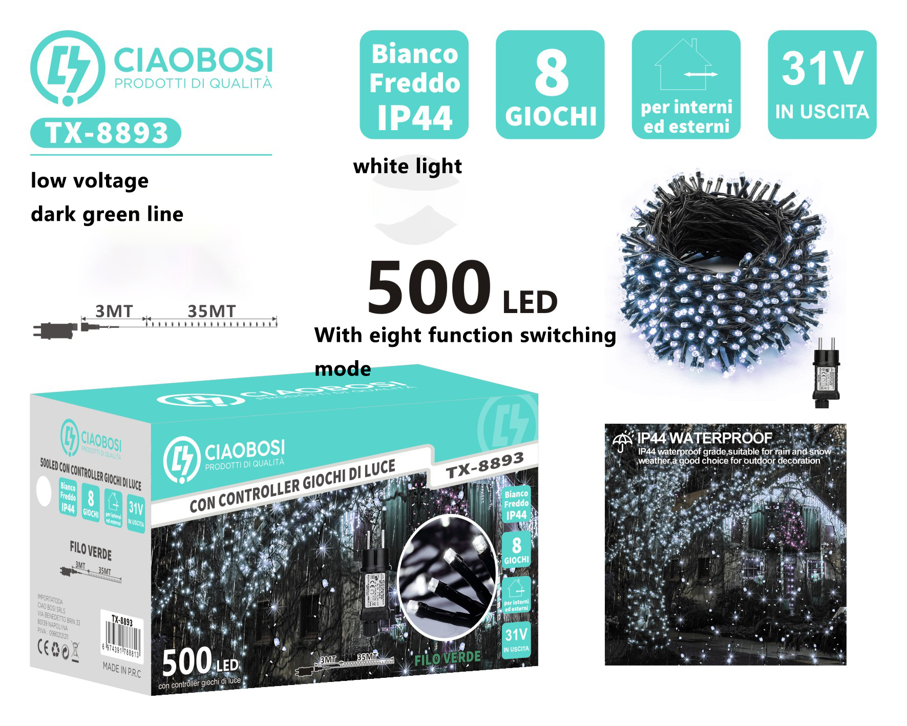 CIAOBOSI 乔泊斯串灯500L低压绿线,1.8mm线,长35米,插头线3M 白光 CON CONTROLLER G