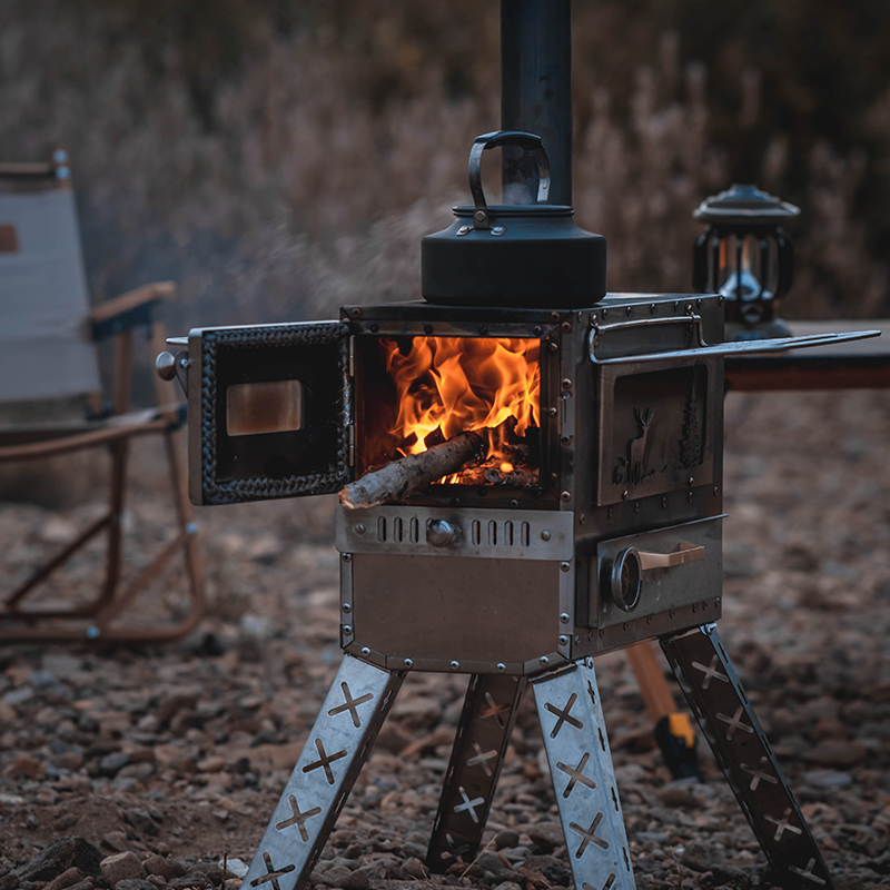 Xanoduji outdoor tent uses a portable camping stove with a chimney, a stove inside the tent, and a yurt tent heating stove Specification image