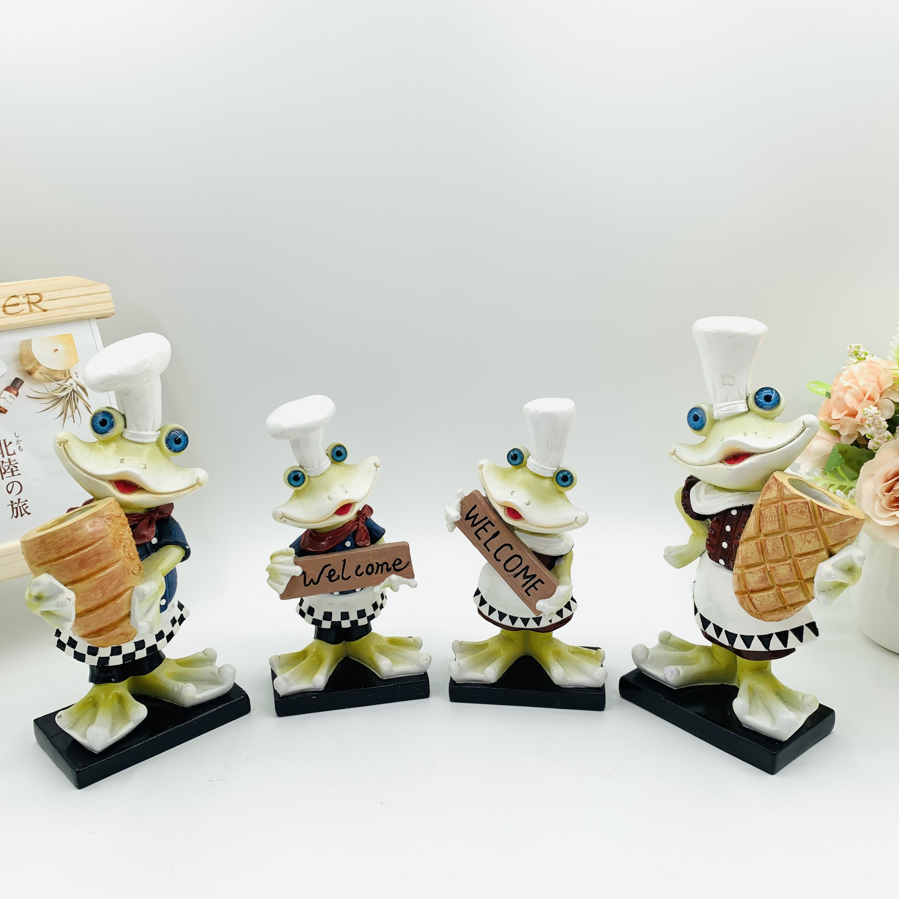 树脂一家四口厨师青蛙工艺品摆件 酒吧厨房摆件