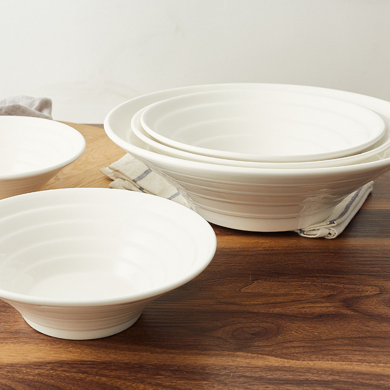 Japanese ramen bowl, ceramic bamboo hat bowl, large soup noodle bowl, white porcelain bowl, thickened large-mouth bowl, double-line horn details Picture