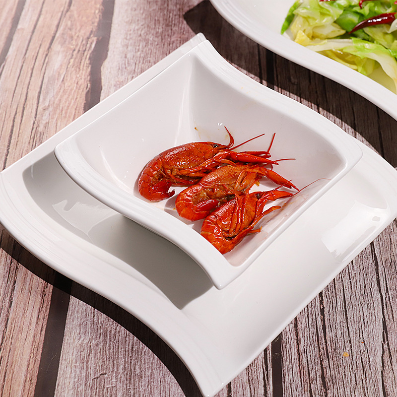 Export ceramic tableware, salad bowls, Western plates, soup plates, wavy pattern series, hotel tableware, pure white creative factory price Application Scenario