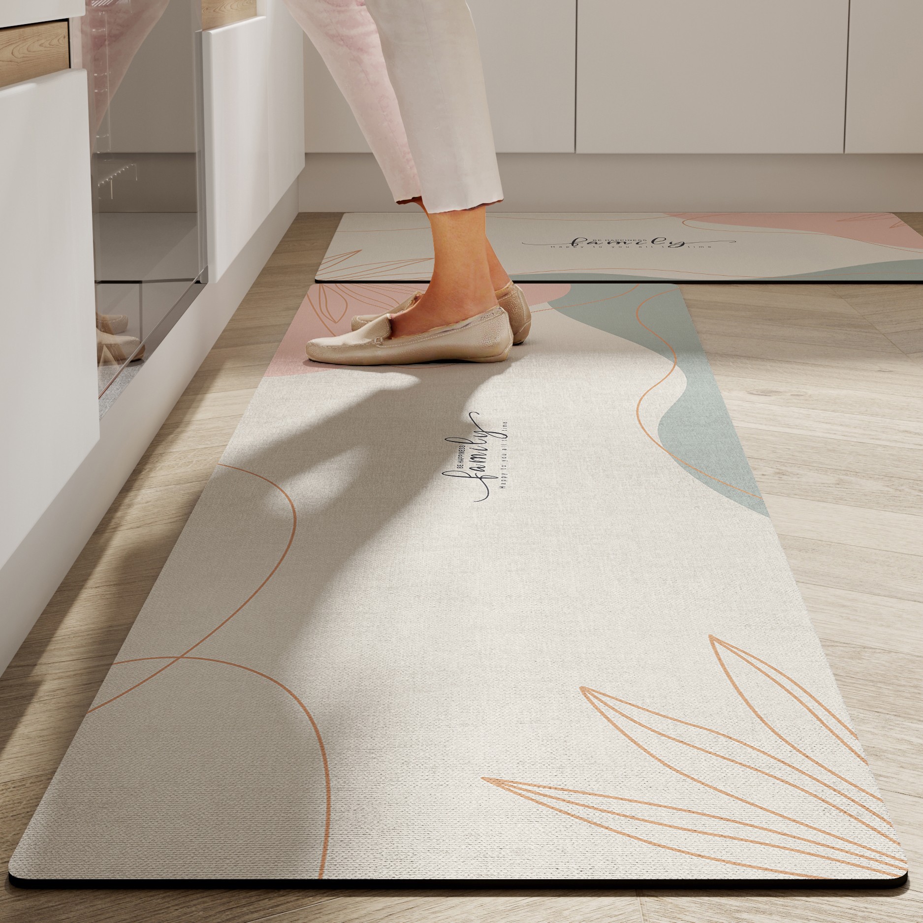 Household floor MATS, kitchen floor MATS, soft diatom mud, water-absorbing and oil-absorbing carpet, simple long strips, washable and anti-slip floor MATS Application Scenario