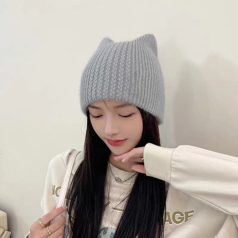 兔毛针织帽猫耳朵可爱帽女兔耳朵时尚帽新款欧版时尚针织帽秋冬季装饰保暖百搭