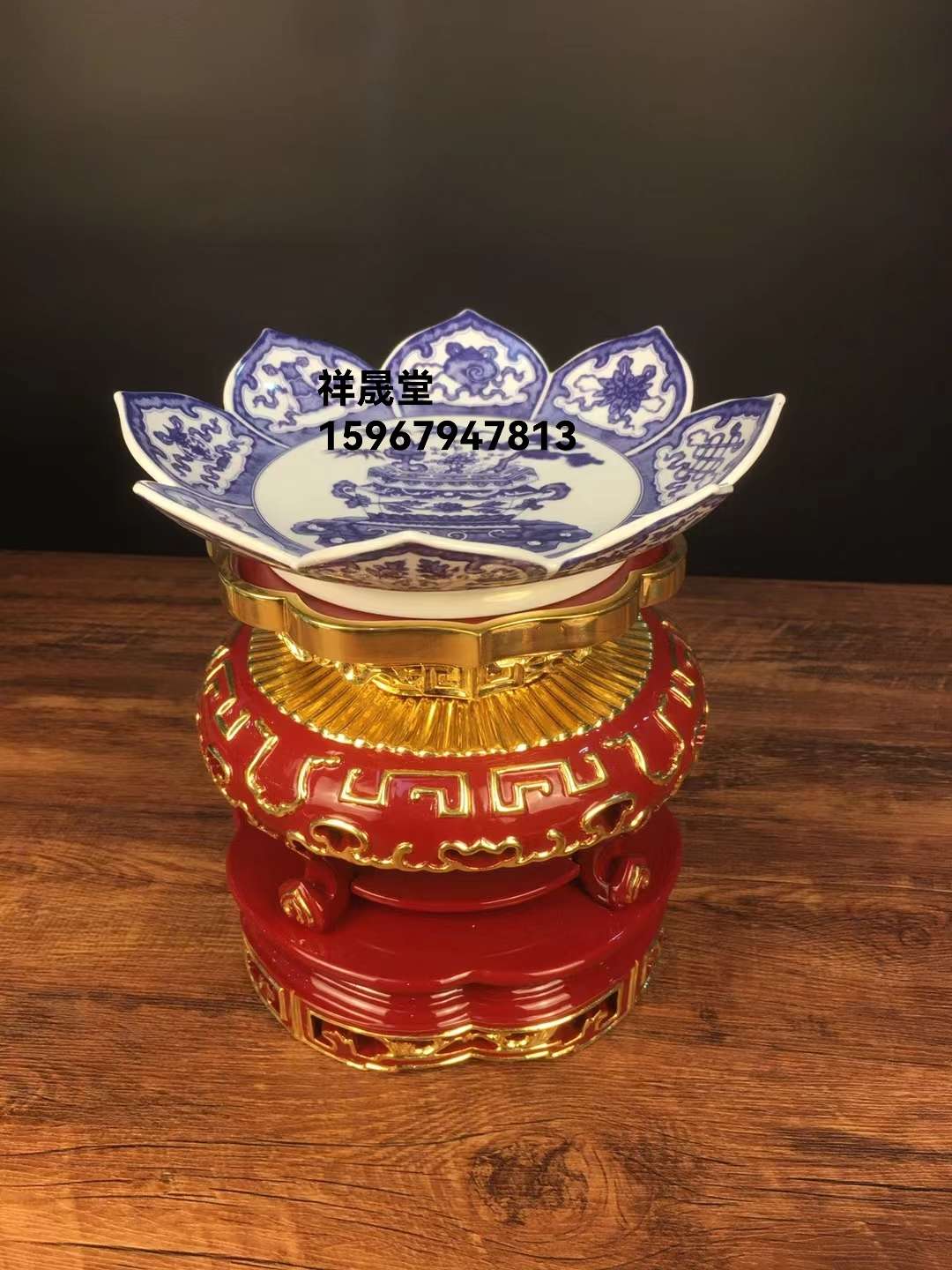 祥晟堂佛具，实木斋天供果盘底座，香樟木雕刻贴金果盘底座详情图3