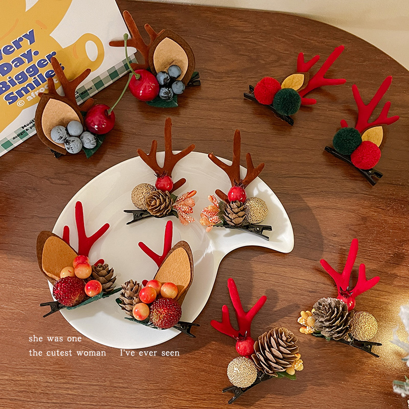 Jialan garland Christmas headwear, Children's simulation elf ear hairpin, holiday outfit, cute antler hairpin accessory, Forest-style elk clip hair accessory, adult hairpin outfit accessory, Jialan garland details Picture