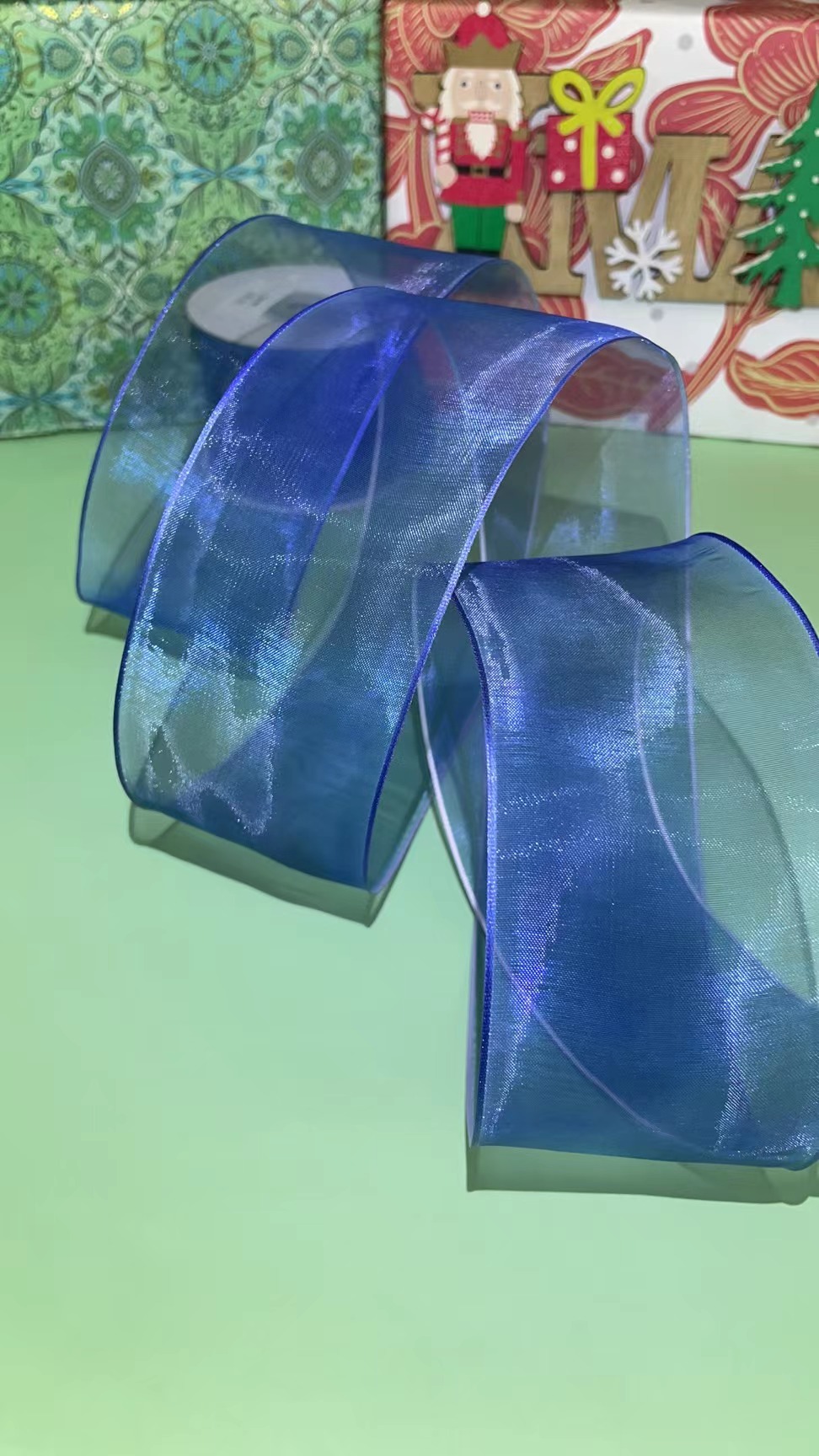 货号：2238圣诞礼品包装装饰DIY 蓝色雪纱双边铁丝织带6.3cm