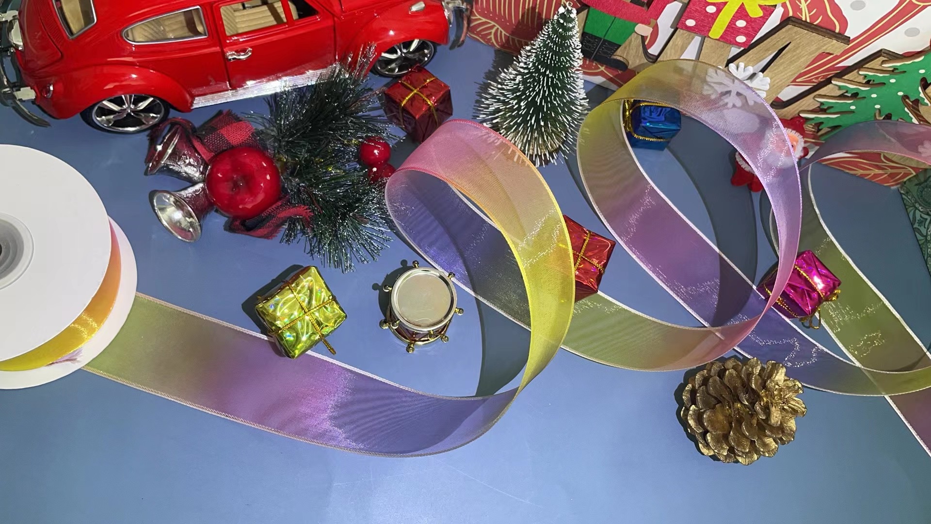 Item No. 2236 Christmas Gift Packaging Decoration DIY Rainbow Snow Yarn Double-sided Wire Webbing 3.8cm Application Scenario