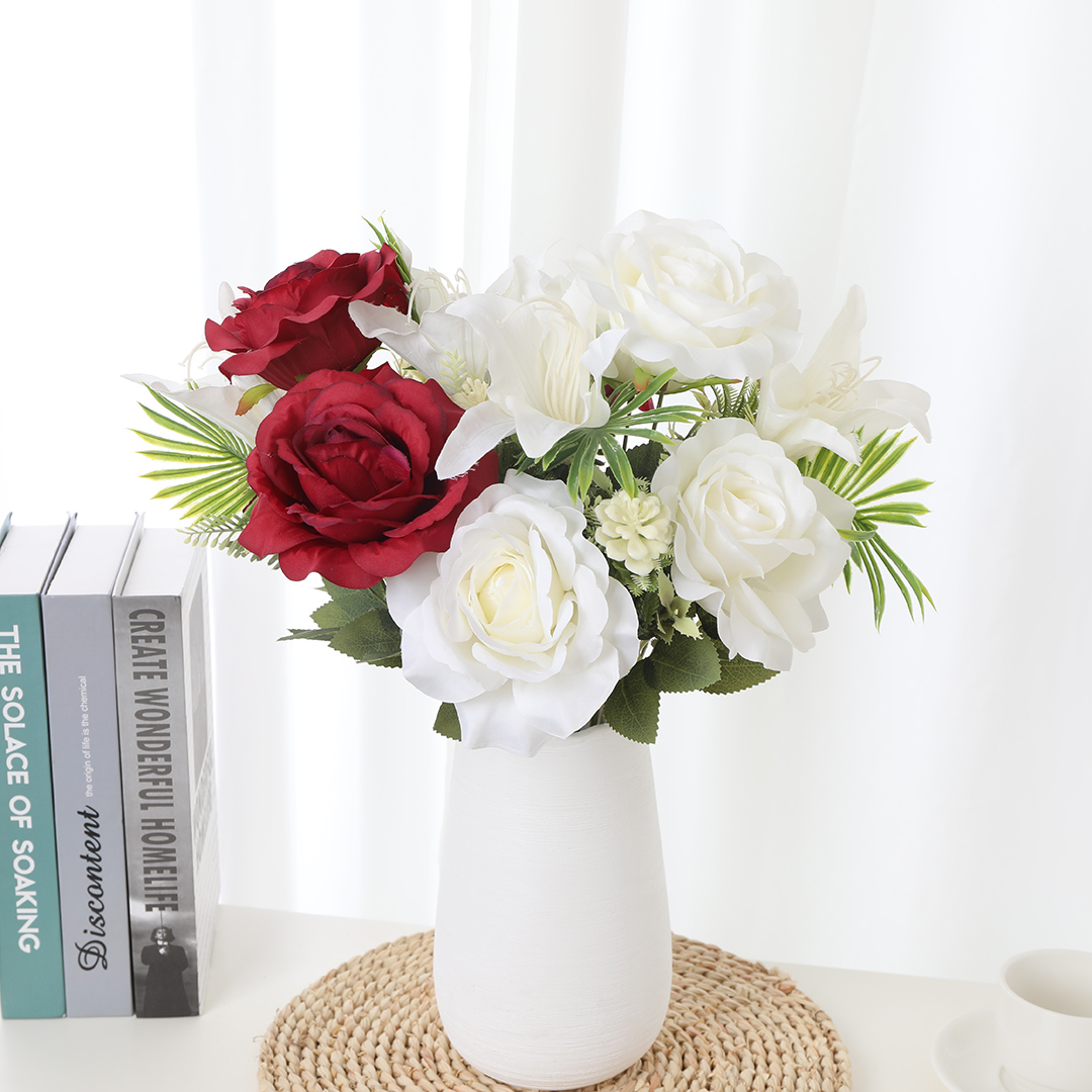The wedding is decorated with a center of 9 pieces of artificial and simple flowers