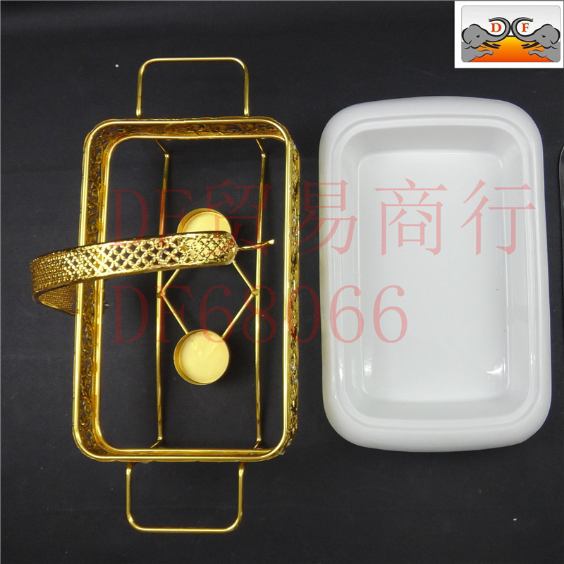 DF68066 Rectangular dining stove, golden light luxury hanging lid, golden edge self-service alcohol stove, luxurious lace hot pot food insulation container, DF TRADING HOUS Application Scenario