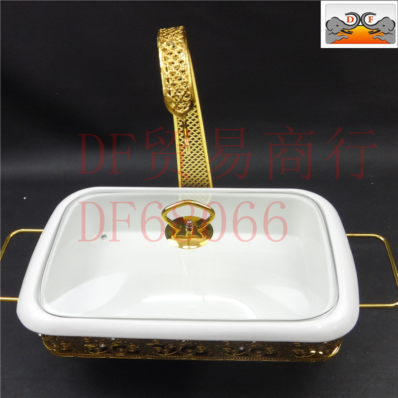 DF68066 Rectangular dining stove, golden light luxury hanging lid, golden edge self-service alcohol stove, luxurious lace hot pot food insulation container, DF TRADING HOUS Item Picture