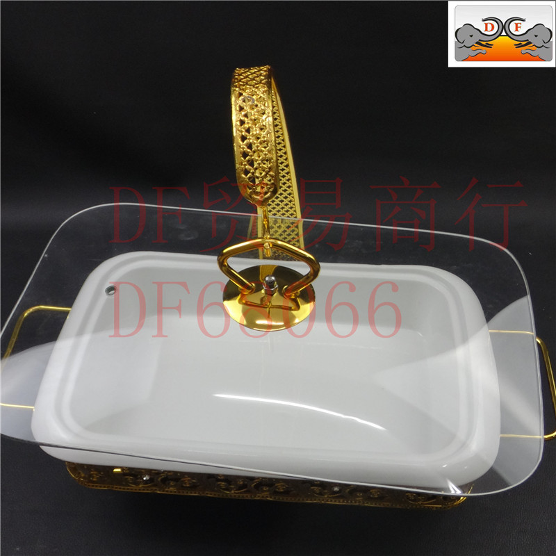 DF68066 Rectangular dining stove, golden light luxury hanging lid, golden edge self-service alcohol stove, luxurious lace hot pot food insulation container, DF TRADING HOUS Specification image